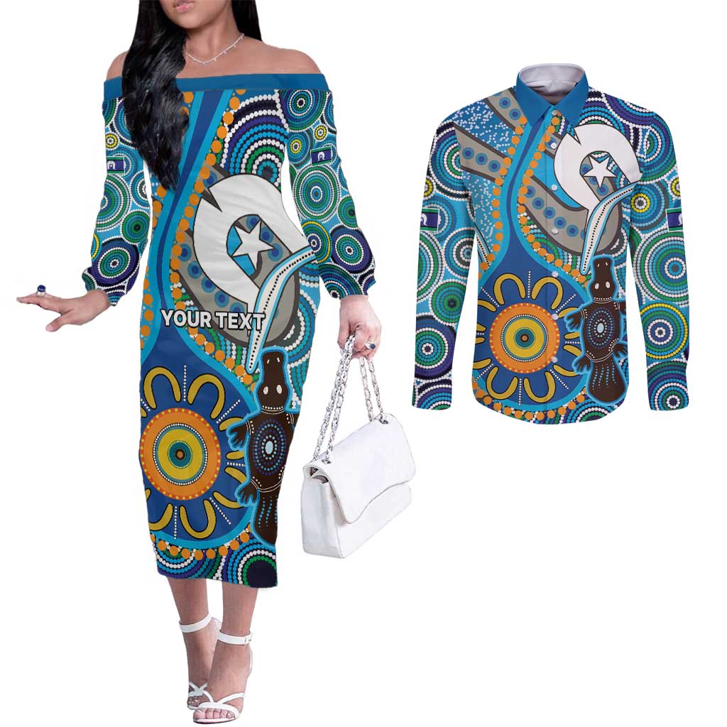 Personalised Aboriginal Platypus Couples Matching Off The Shoulder Long Sleeve Dress and Long Sleeve Button Shirt Torres Strait Islander Dhari Indigenous Dot Art