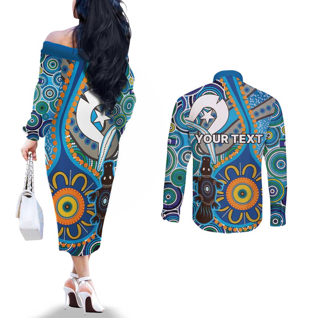 Personalised Aboriginal Platypus Couples Matching Off The Shoulder Long Sleeve Dress and Long Sleeve Button Shirt Torres Strait Islander Dhari Indigenous Dot Art