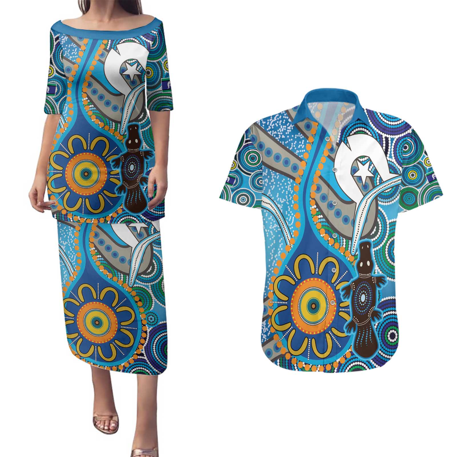 Personalised Aboriginal Platypus Couples Matching Puletasi and Hawaiian Shirt Torres Strait Islander Dhari Indigenous Dot Art