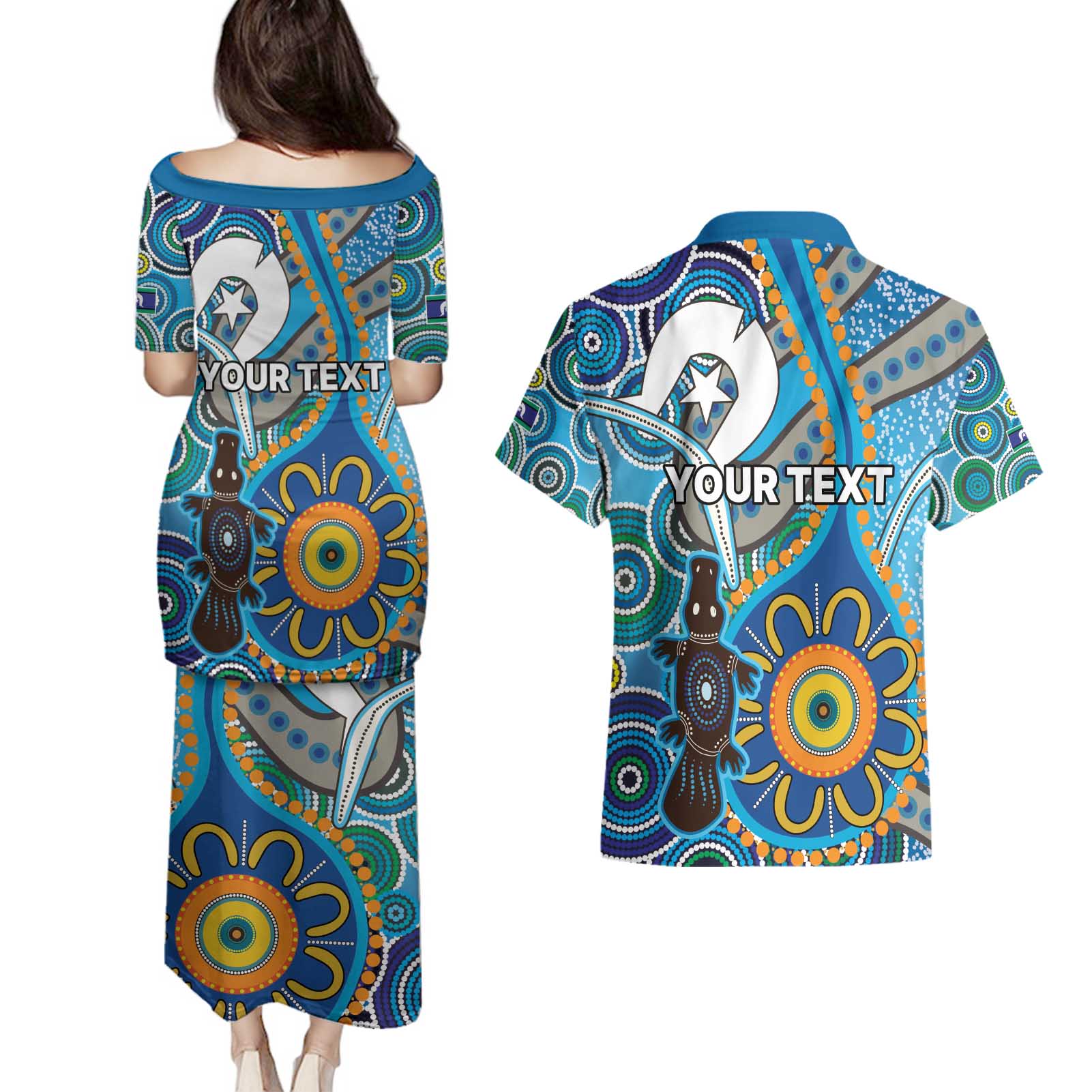Personalised Aboriginal Platypus Couples Matching Puletasi and Hawaiian Shirt Torres Strait Islander Dhari Indigenous Dot Art