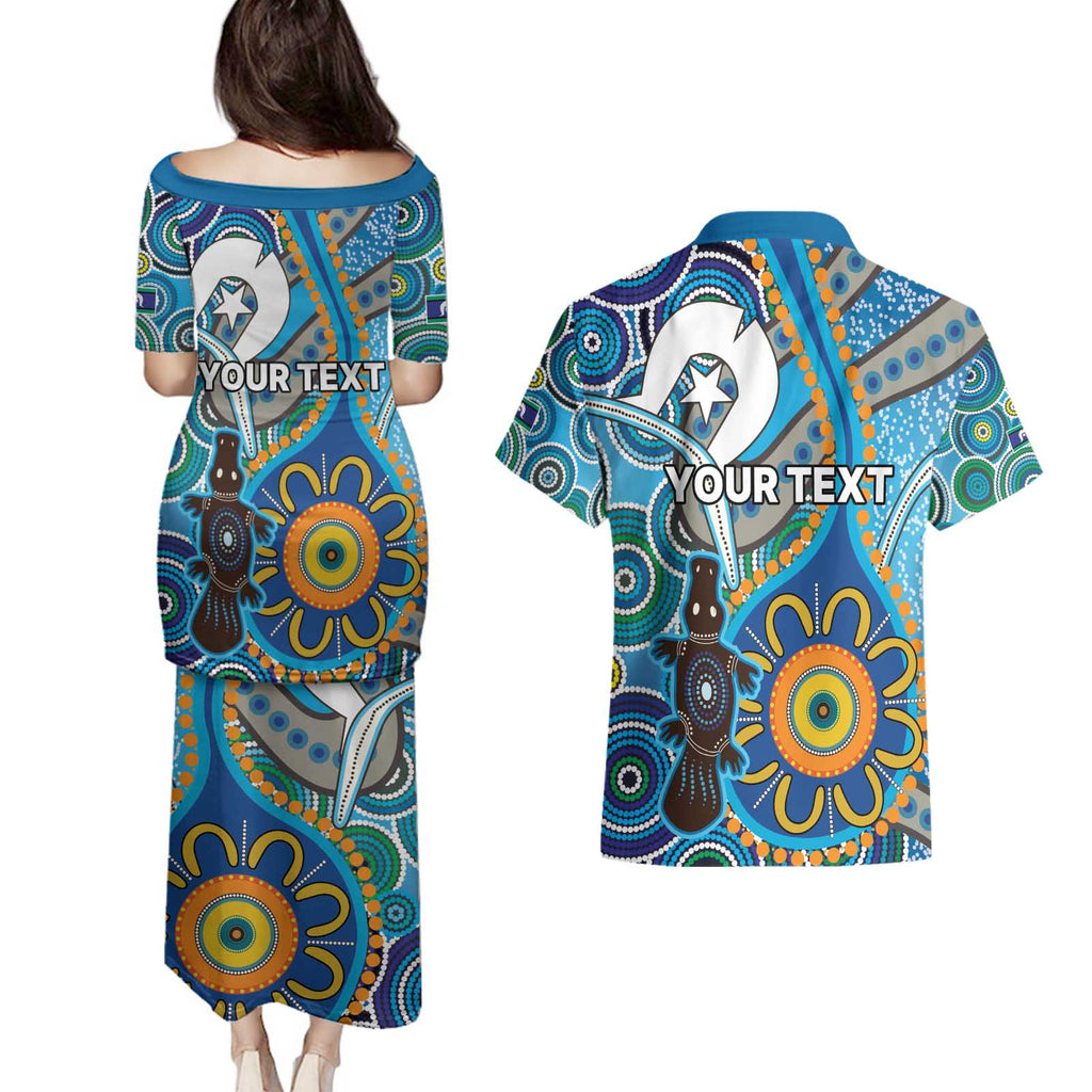 Personalised Aboriginal Platypus Couples Matching Puletasi and Hawaiian Shirt Torres Strait Islander Dhari Indigenous Dot Art