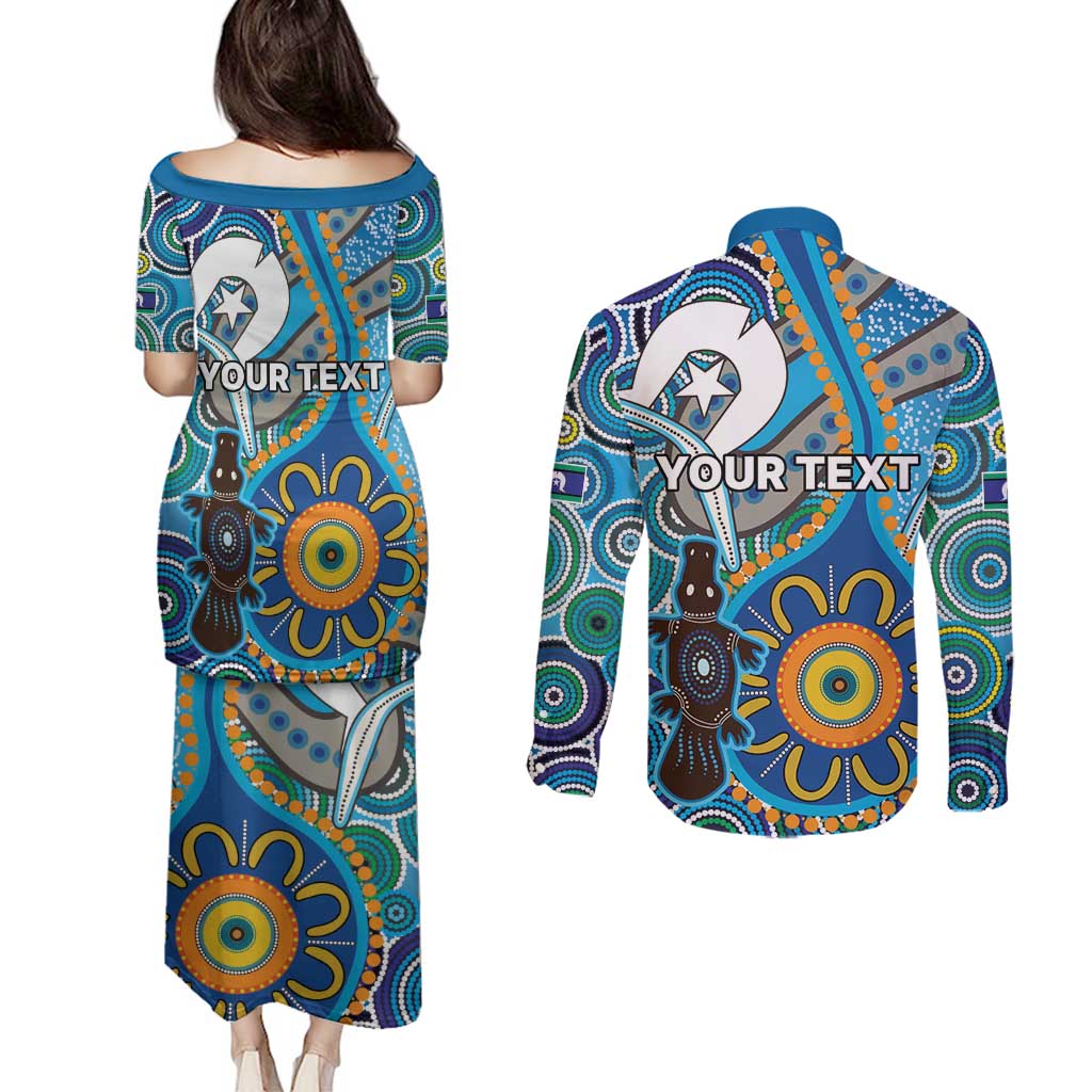 Personalised Aboriginal Platypus Couples Matching Puletasi and Long Sleeve Button Shirt Torres Strait Islander Dhari Indigenous Dot Art