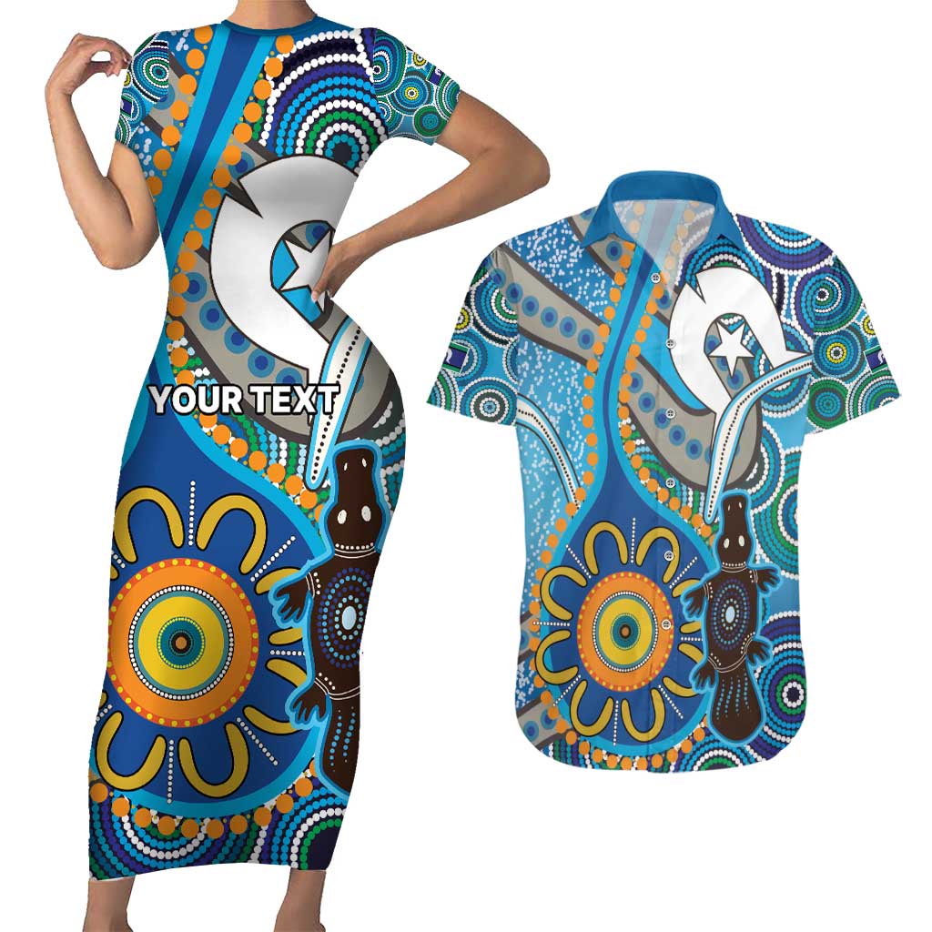 Personalised Aboriginal Platypus Couples Matching Short Sleeve Bodycon Dress and Hawaiian Shirt Torres Strait Islander Dhari Indigenous Dot Art