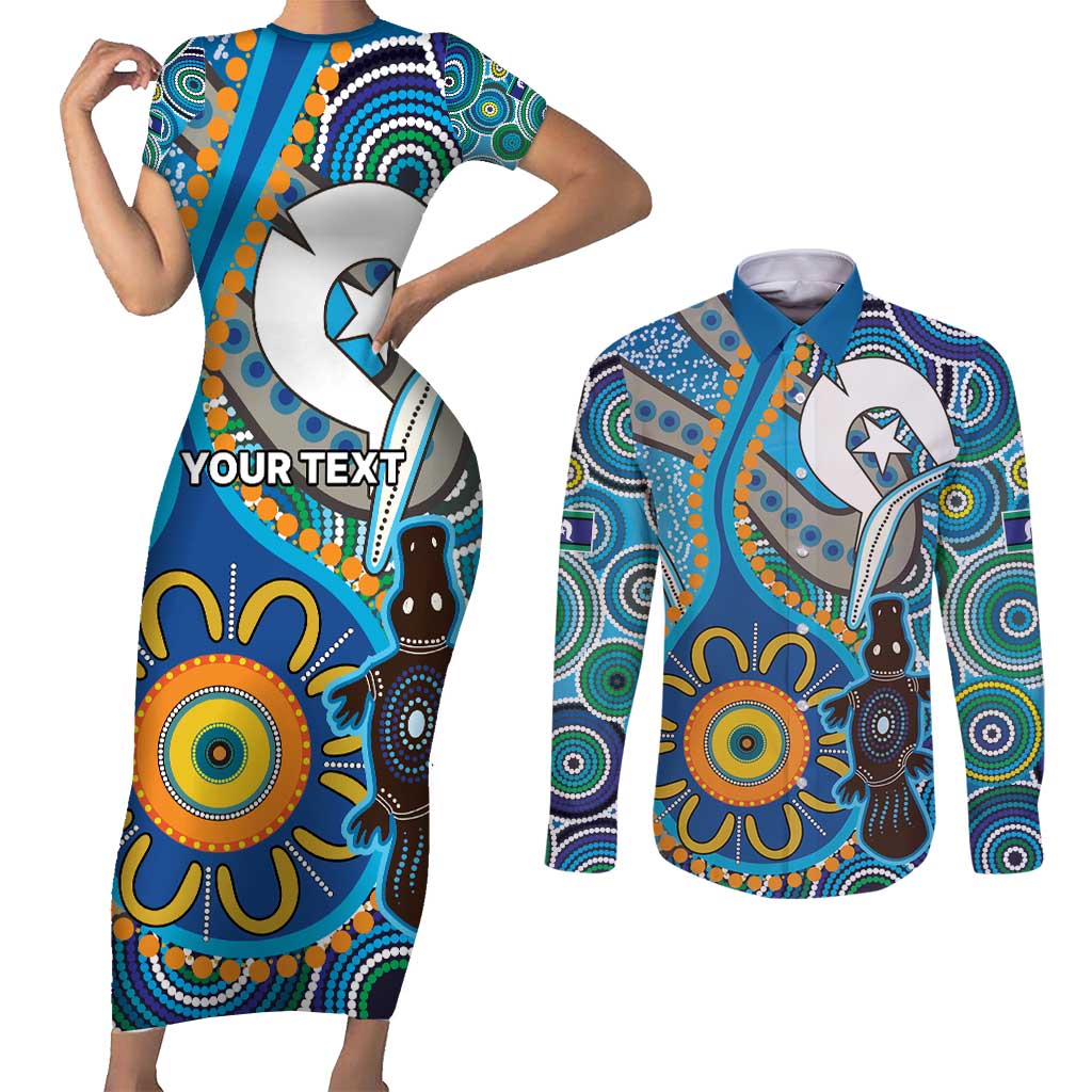 Personalised Aboriginal Platypus Couples Matching Short Sleeve Bodycon Dress and Long Sleeve Button Shirt Torres Strait Islander Dhari Indigenous Dot Art