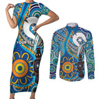 Personalised Aboriginal Platypus Couples Matching Short Sleeve Bodycon Dress and Long Sleeve Button Shirt Torres Strait Islander Dhari Indigenous Dot Art