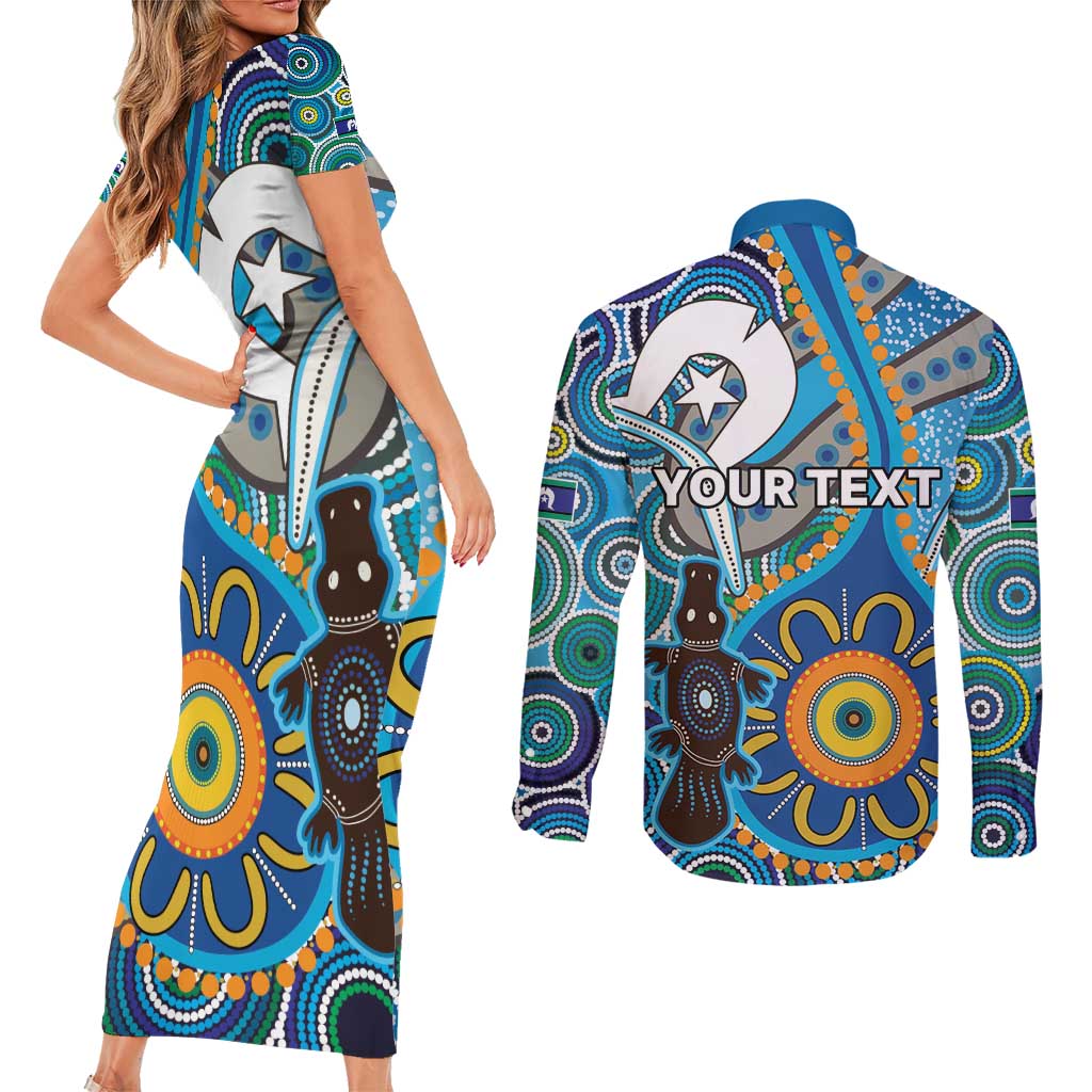 Personalised Aboriginal Platypus Couples Matching Short Sleeve Bodycon Dress and Long Sleeve Button Shirt Torres Strait Islander Dhari Indigenous Dot Art