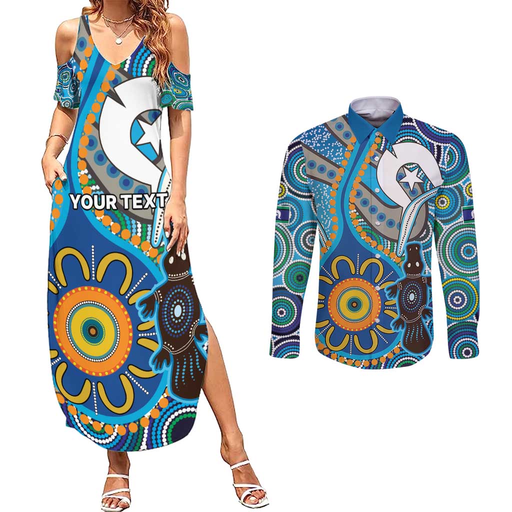 Personalised Aboriginal Platypus Couples Matching Summer Maxi Dress and Long Sleeve Button Shirt Torres Strait Islander Dhari Indigenous Dot Art