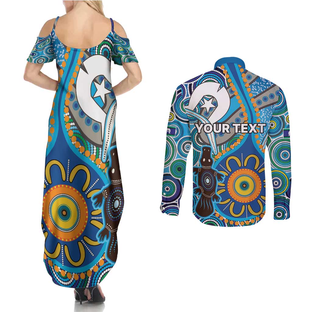 Personalised Aboriginal Platypus Couples Matching Summer Maxi Dress and Long Sleeve Button Shirt Torres Strait Islander Dhari Indigenous Dot Art