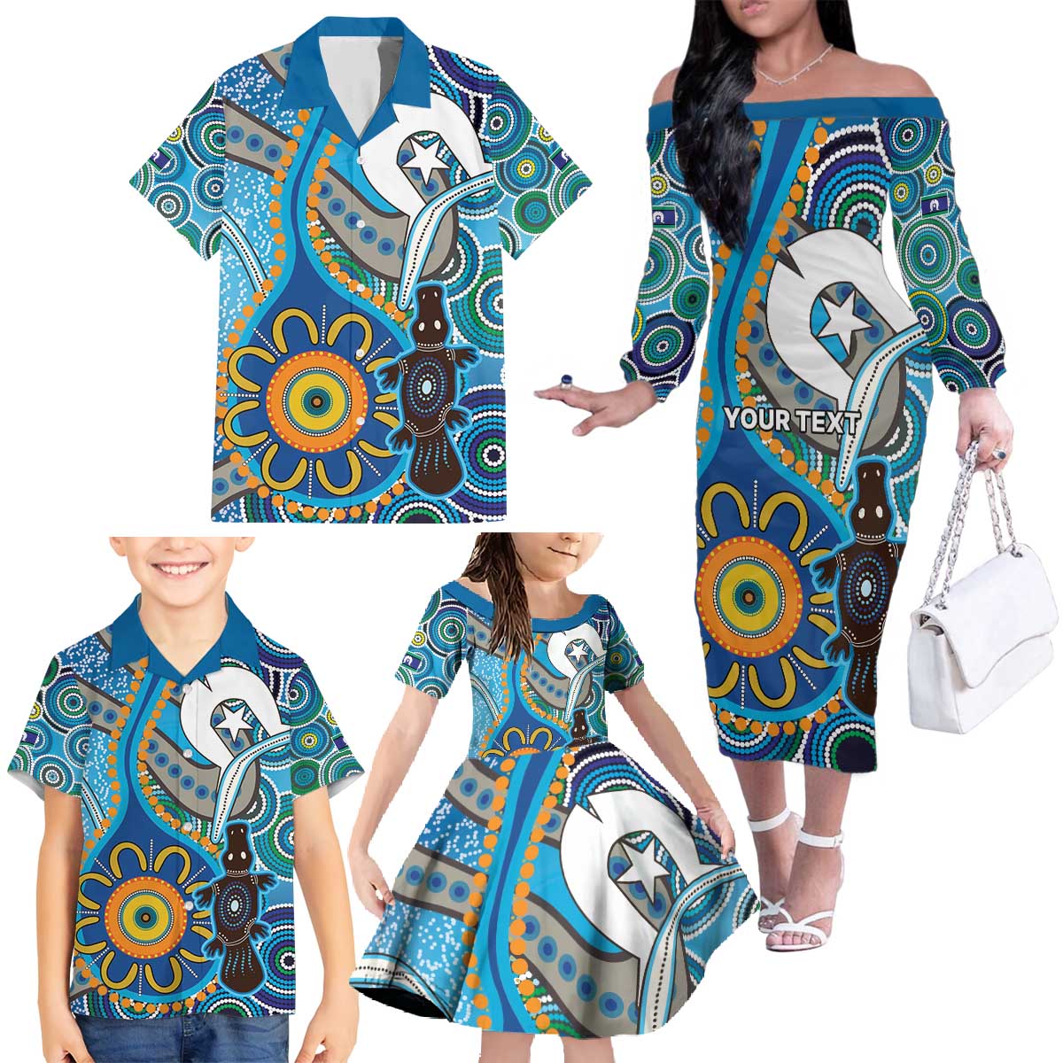 Personalised Aboriginal Platypus Family Matching Off The Shoulder Long Sleeve Dress and Hawaiian Shirt Torres Strait Islander Dhari Indigenous Dot Art