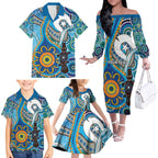 Personalised Aboriginal Platypus Family Matching Off The Shoulder Long Sleeve Dress and Hawaiian Shirt Torres Strait Islander Dhari Indigenous Dot Art