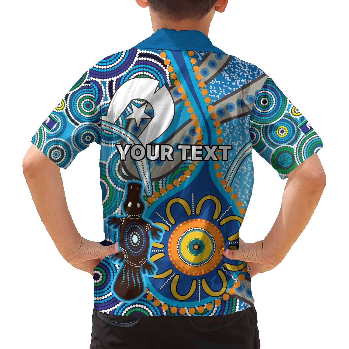 Personalised Aboriginal Platypus Family Matching Off The Shoulder Long Sleeve Dress and Hawaiian Shirt Torres Strait Islander Dhari Indigenous Dot Art