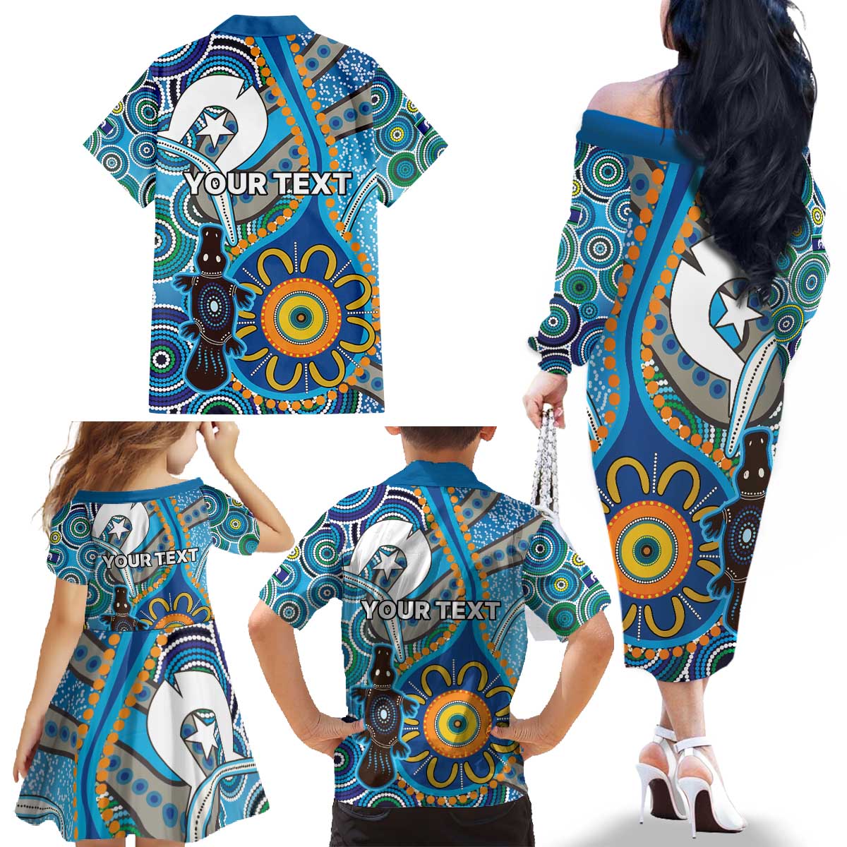 Personalised Aboriginal Platypus Family Matching Off The Shoulder Long Sleeve Dress and Hawaiian Shirt Torres Strait Islander Dhari Indigenous Dot Art