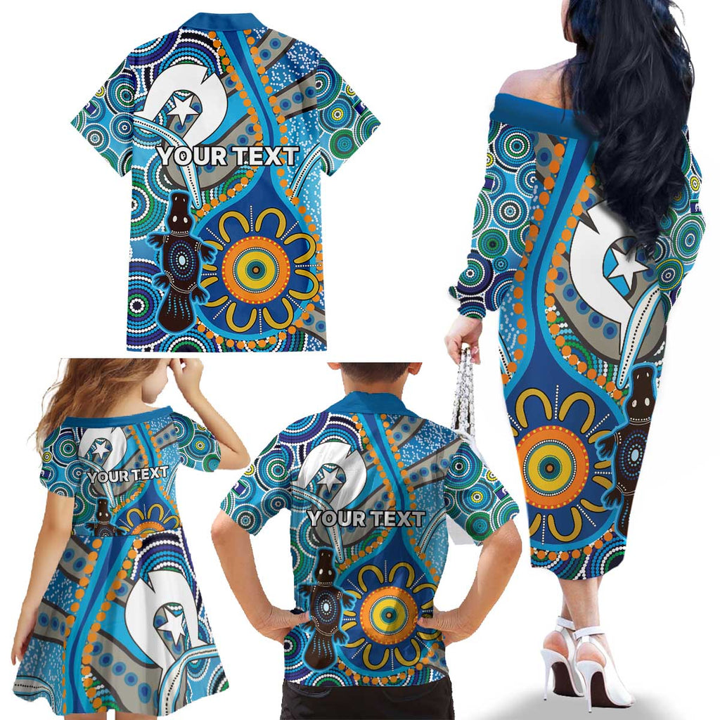Personalised Aboriginal Platypus Family Matching Off The Shoulder Long Sleeve Dress and Hawaiian Shirt Torres Strait Islander Dhari Indigenous Dot Art