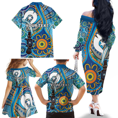 Personalised Aboriginal Platypus Family Matching Off The Shoulder Long Sleeve Dress and Hawaiian Shirt Torres Strait Islander Dhari Indigenous Dot Art