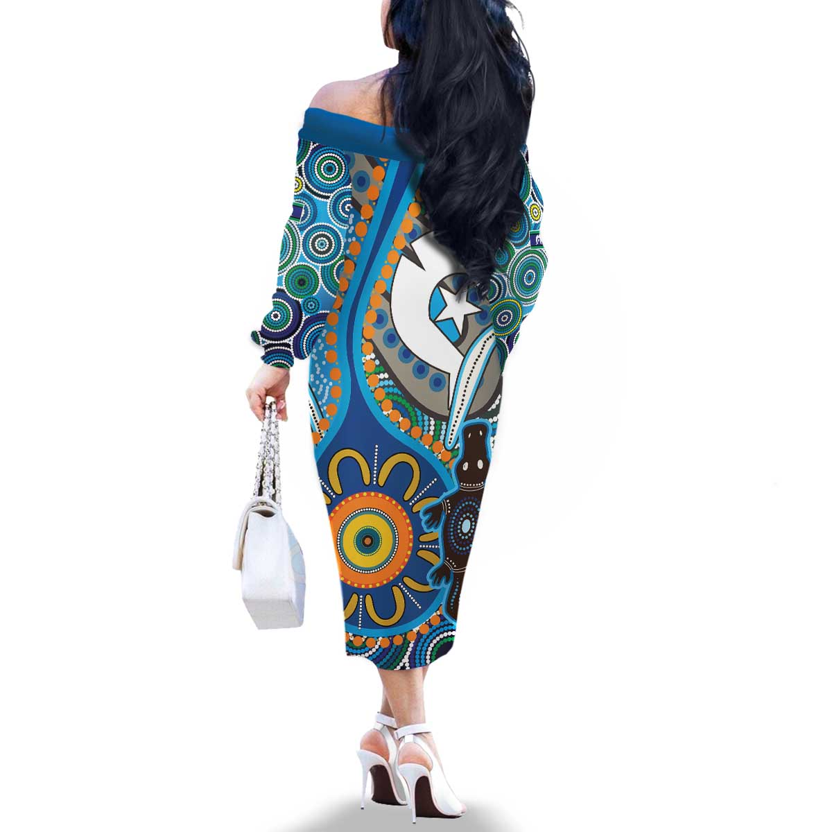 Personalised Aboriginal Platypus Family Matching Off The Shoulder Long Sleeve Dress and Hawaiian Shirt Torres Strait Islander Dhari Indigenous Dot Art