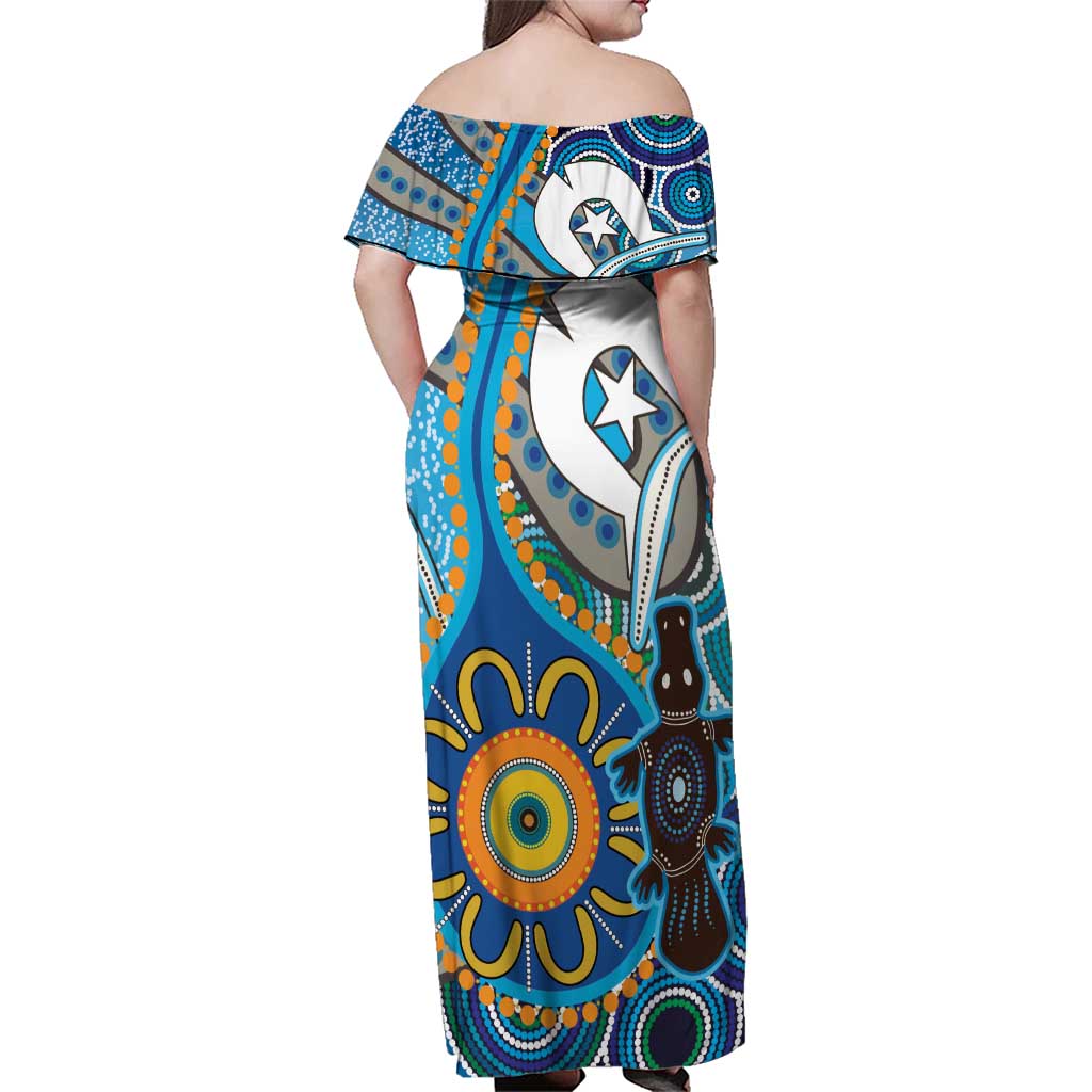 Personalised Aboriginal Platypus Family Matching Off Shoulder Maxi Dress and Hawaiian Shirt Torres Strait Islander Dhari Indigenous Dot Art