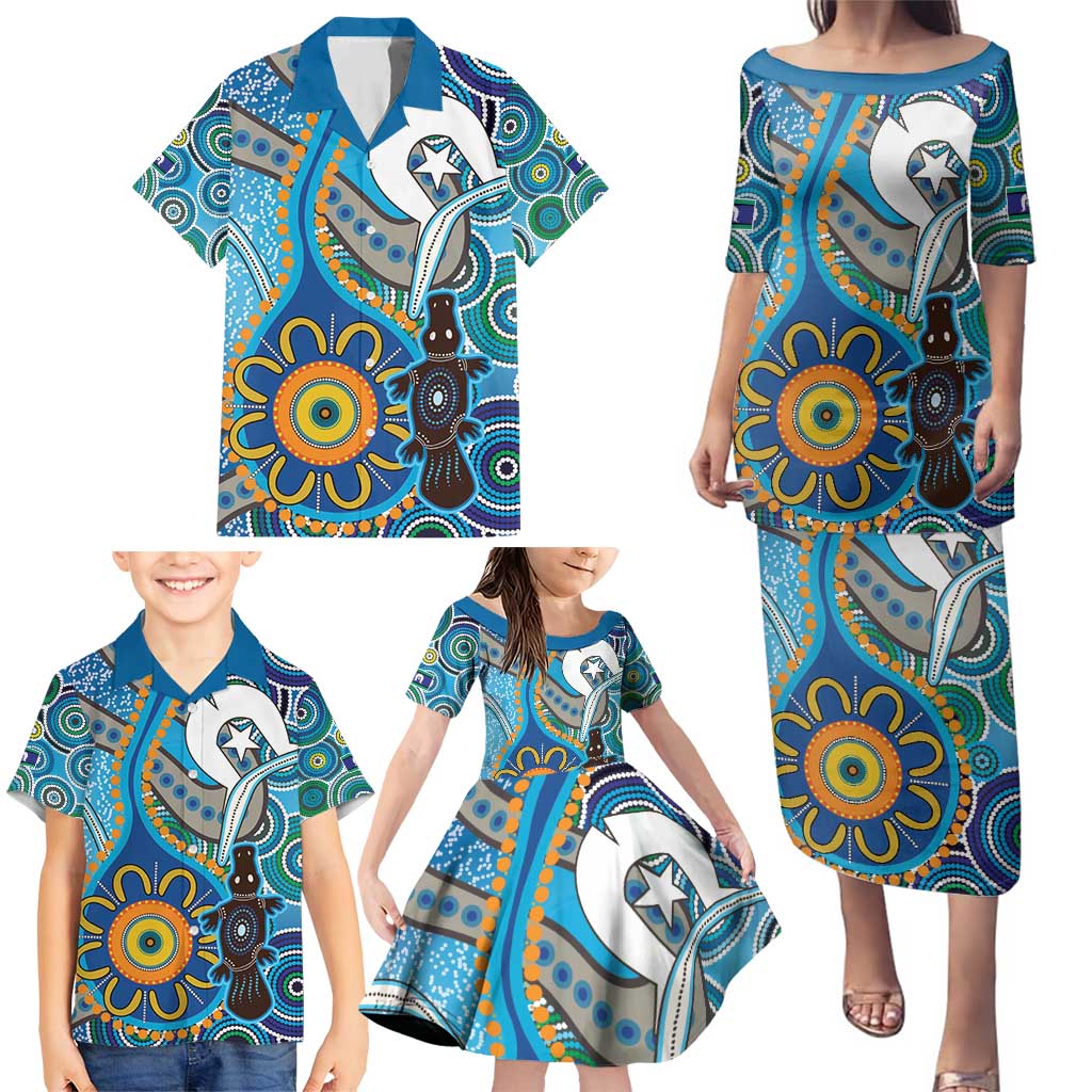 Personalised Aboriginal Platypus Family Matching Puletasi and Hawaiian Shirt Torres Strait Islander Dhari Indigenous Dot Art