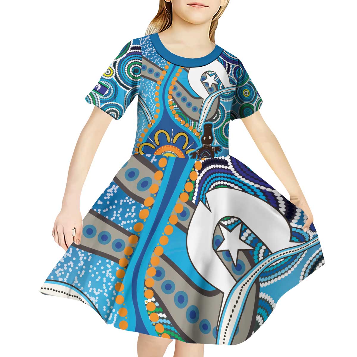 Personalised Aboriginal Platypus Kid Short Sleeve Dress Torres Strait Islander Dhari Indigenous Dot Art