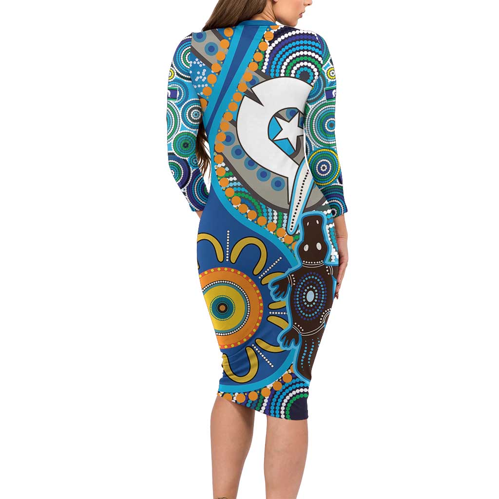 Personalised Aboriginal Platypus Long Sleeve Bodycon Dress Torres Strait Islander Dhari Indigenous Dot Art