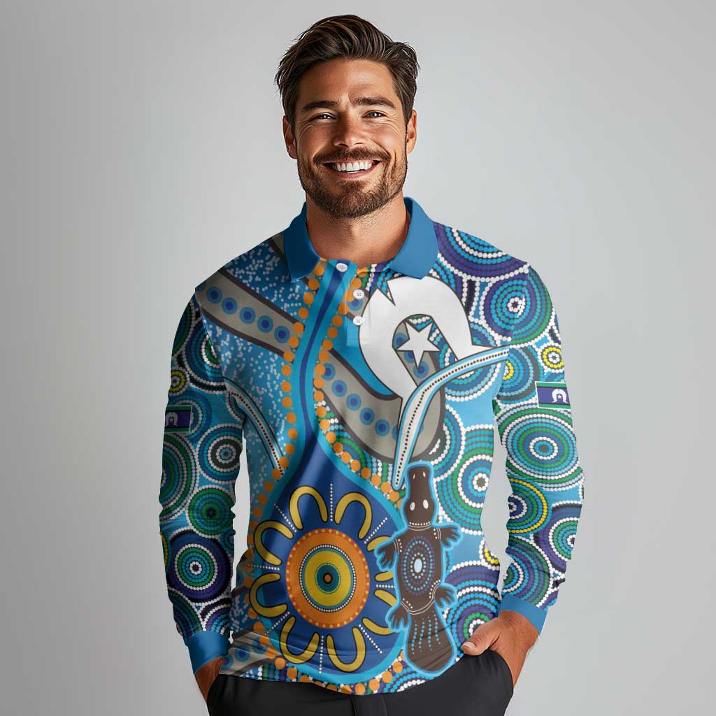 Personalised Aboriginal Platypus Long Sleeve Polo Shirt Torres Strait Islander Dhari Indigenous Dot Art
