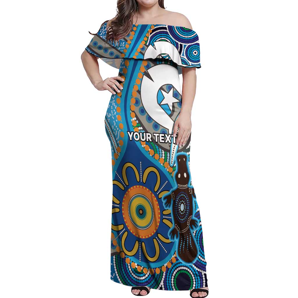 Personalised Aboriginal Platypus Off Shoulder Maxi Dress Torres Strait Islander Dhari Indigenous Dot Art