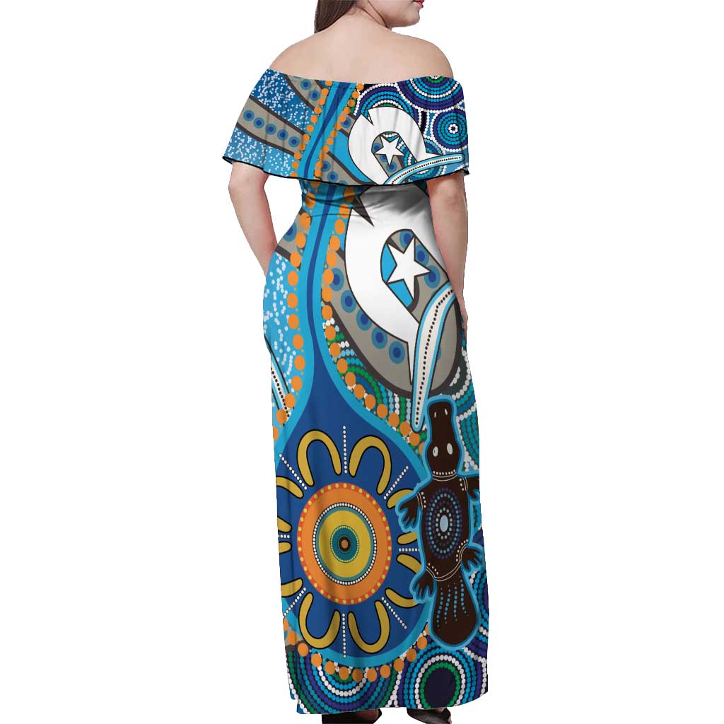 Personalised Aboriginal Platypus Off Shoulder Maxi Dress Torres Strait Islander Dhari Indigenous Dot Art