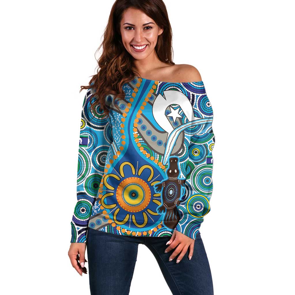 Personalised Aboriginal Platypus Off Shoulder Sweater Torres Strait Islander Dhari Indigenous Dot Art