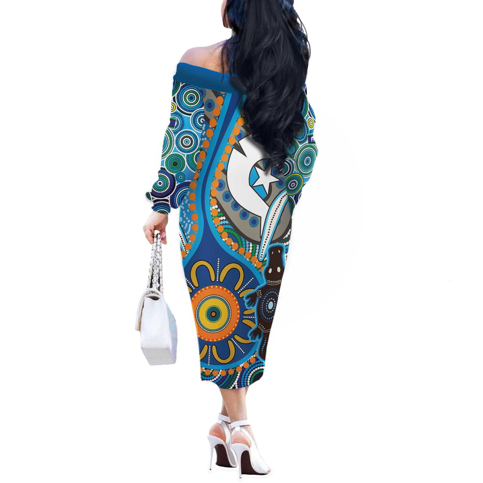 Personalised Aboriginal Platypus Off The Shoulder Long Sleeve Dress Torres Strait Islander Dhari Indigenous Dot Art