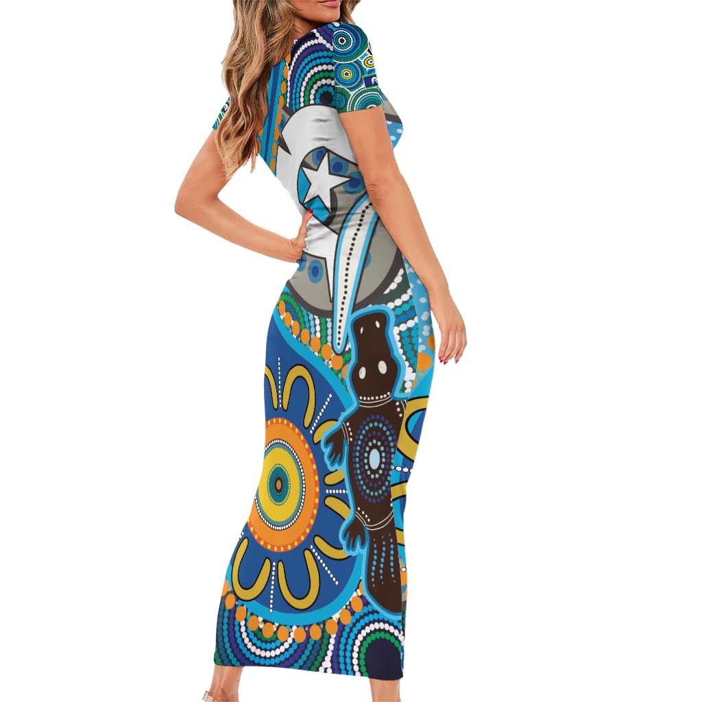 Personalised Aboriginal Platypus Short Sleeve Bodycon Dress Torres Strait Islander Dhari Indigenous Dot Art