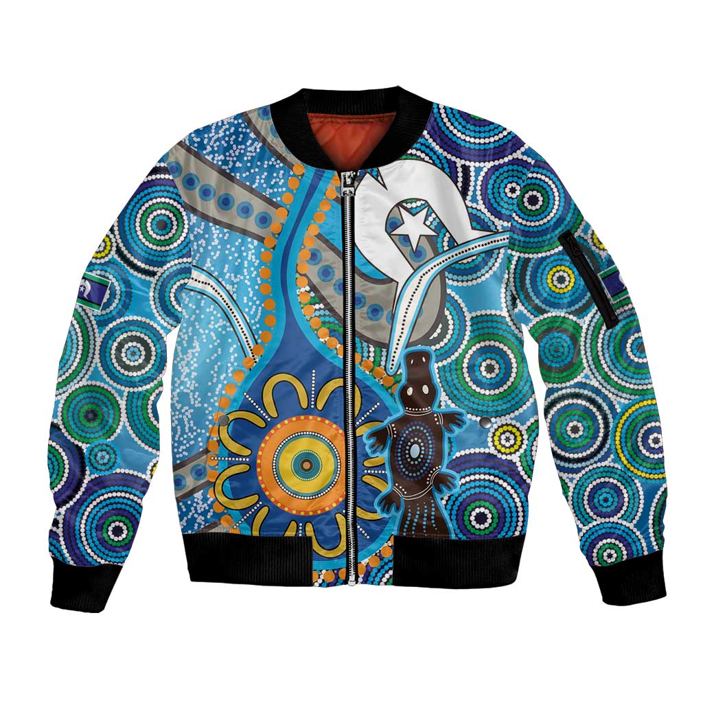 Personalised Aboriginal Platypus Sleeve Zip Bomber Jacket Torres Strait Islander Dhari Indigenous Dot Art