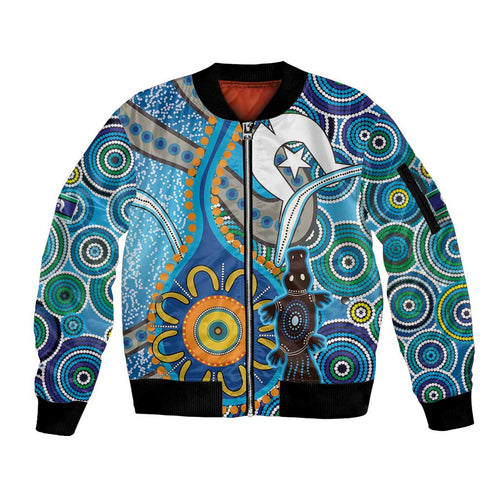 Personalised Aboriginal Platypus Sleeve Zip Bomber Jacket Torres Strait Islander Dhari Indigenous Dot Art