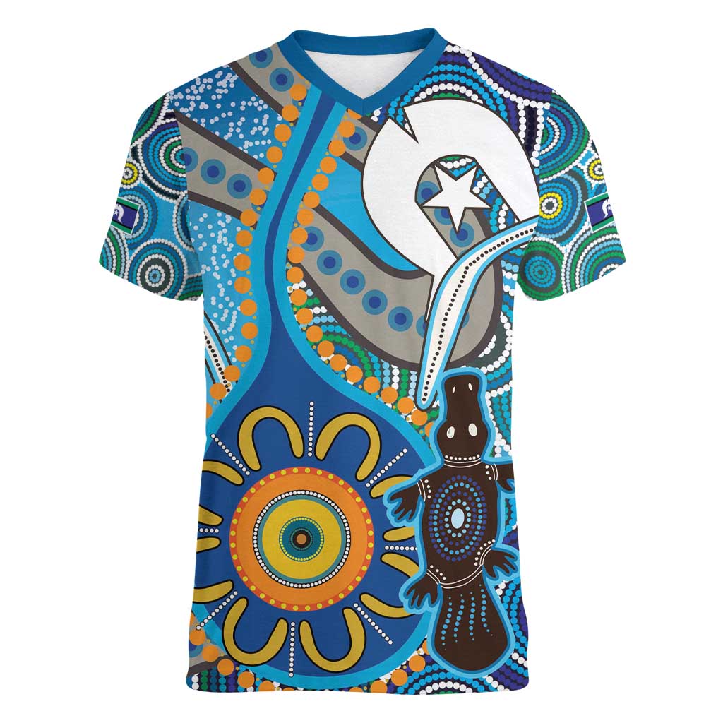 Personalised Aboriginal Platypus Women V-Neck T-Shirt Torres Strait Islander Dhari Indigenous Dot Art