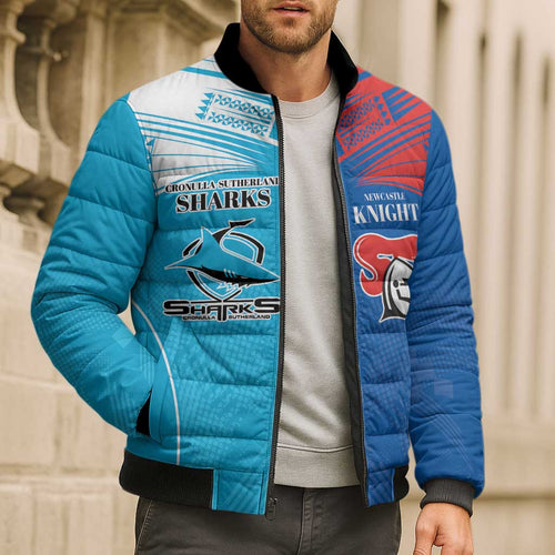 Custom Sharks and Knights Together Bomber Puffer Jacket Sporty Style