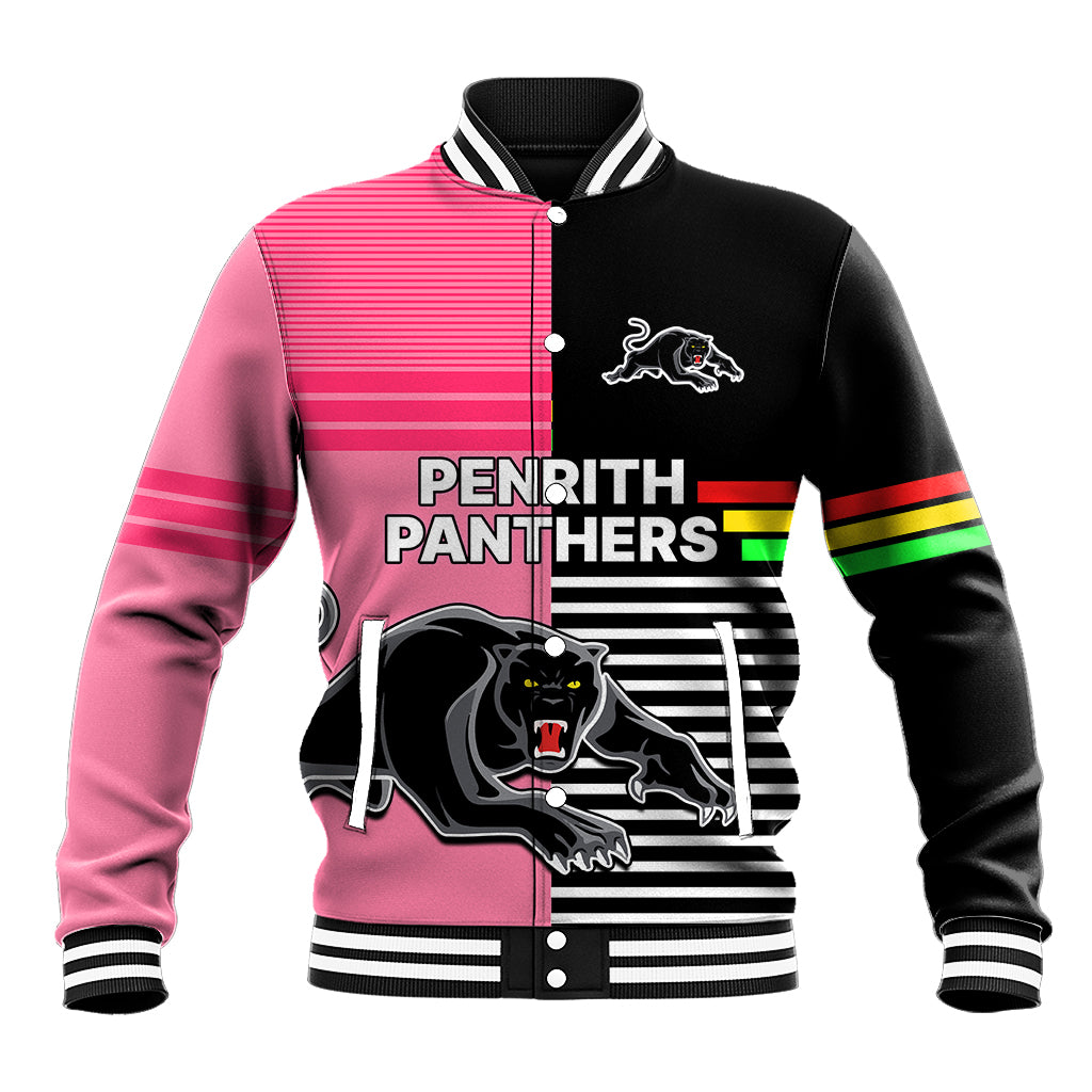Penrith Panthers Rugby Baseball Jacket Proud The Panthers Comeback Black and Pink LT9