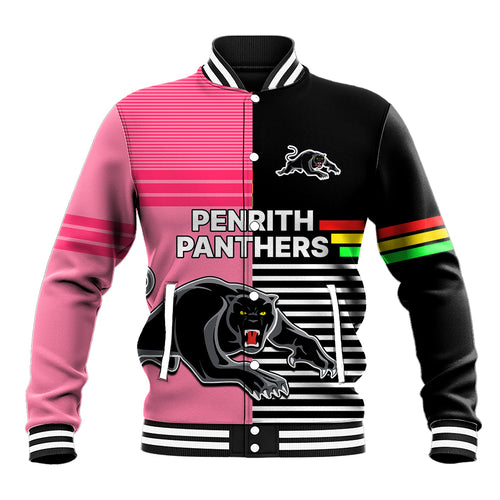 Penrith Panthers Rugby Baseball Jacket Proud The Panthers Comeback Black and Pink LT9