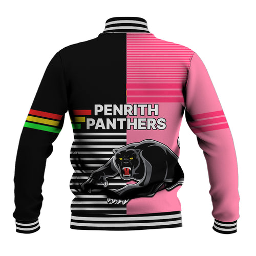 Penrith Panthers Rugby Baseball Jacket Proud The Panthers Comeback Black and Pink LT9