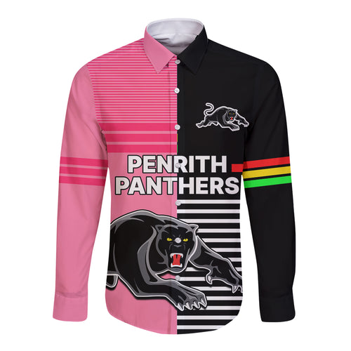 Penrith Panthers Rugby Long Sleeve Button Shirt Proud The Panthers Comeback Black and Pink LT9