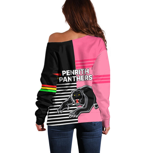 Penrith Panthers Rugby Off Shoulder Sweater Proud The Panthers Comeback Black and Pink LT9