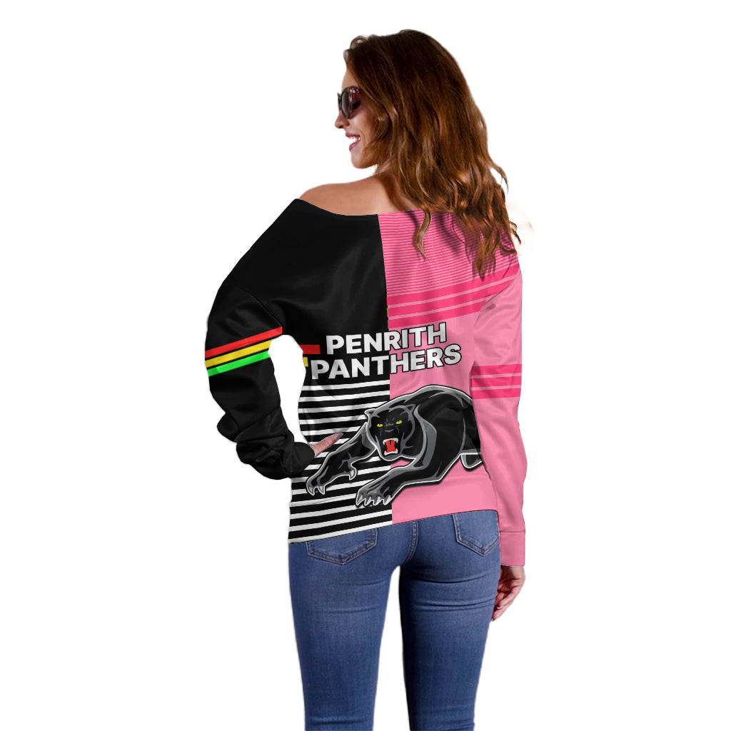 Penrith Panthers Rugby Off Shoulder Sweater Proud The Panthers Comeback Black and Pink LT9
