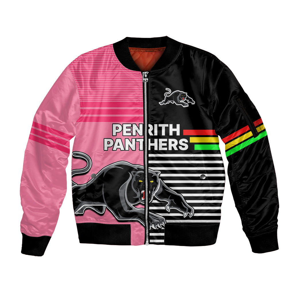 Penrith Panthers Rugby Sleeve Zip Bomber Jacket Proud The Panthers Comeback Black and Pink LT9