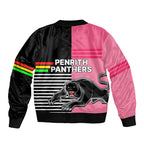Penrith Panthers Rugby Sleeve Zip Bomber Jacket Proud The Panthers Comeback Black and Pink LT9