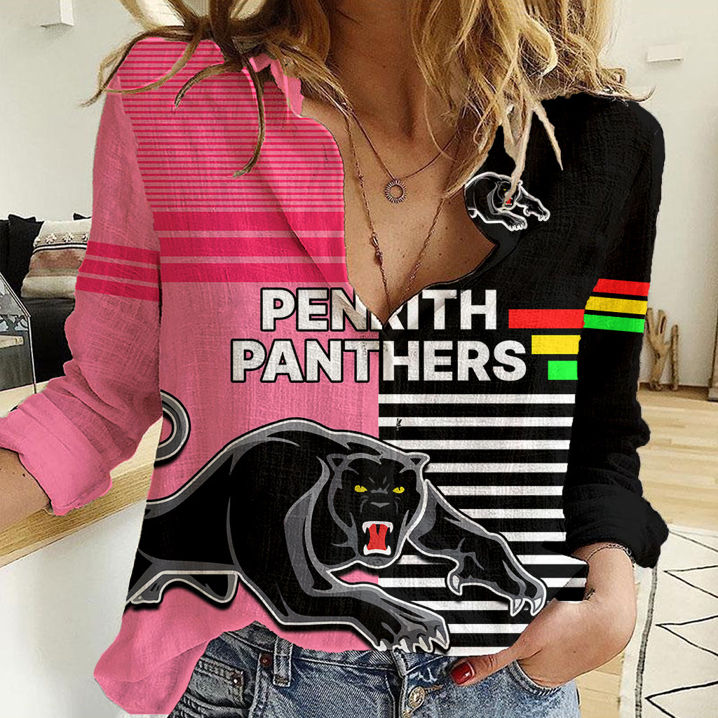 Penrith Panthers Rugby Women Casual Shirt Proud The Panthers Comeback Black and Pink LT9