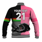 (Custom Text And Number) Penrith Panthers Rugby Baseball Jacket Proud The Panthers Comeback Black and Pink LT9