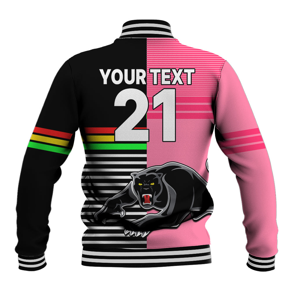 (Custom Text And Number) Penrith Panthers Rugby Baseball Jacket Proud The Panthers Comeback Black and Pink LT9