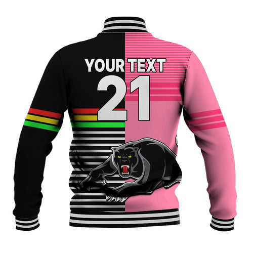 (Custom Text And Number) Penrith Panthers Rugby Baseball Jacket Proud The Panthers Comeback Black and Pink LT9