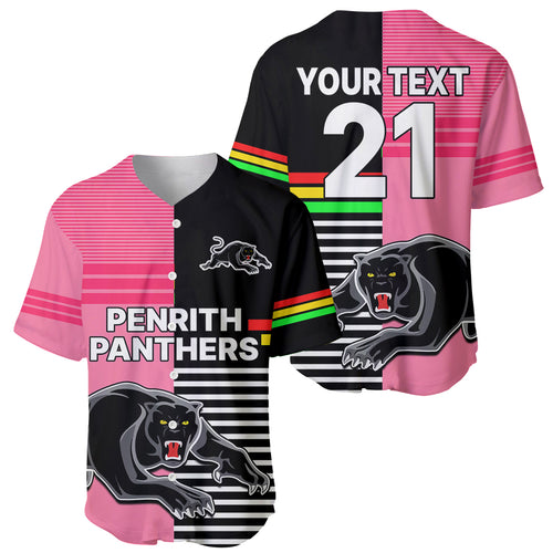(Custom Text And Number) Penrith Panthers Rugby Baseball Jersey Proud The Panthers Comeback Black and Pink LT9