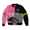 (Custom Text And Number) Penrith Panthers Rugby Bomber Jacket Proud The Panthers Comeback Black and Pink LT9