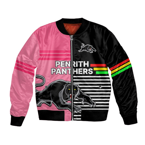 (Custom Text And Number) Penrith Panthers Rugby Bomber Jacket Proud The Panthers Comeback Black and Pink LT9