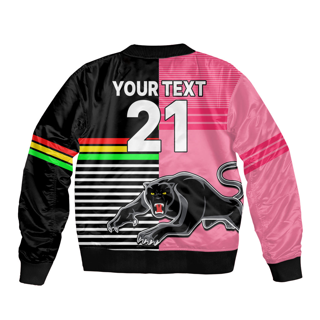 (Custom Text And Number) Penrith Panthers Rugby Bomber Jacket Proud The Panthers Comeback Black and Pink LT9