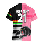 (Custom Text And Number) Penrith Panthers Rugby Hawaiian Shirt Proud The Panthers Comeback Black and Pink LT9